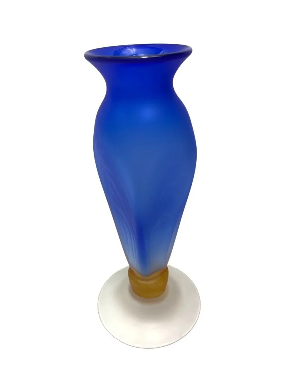 Signed Newell Blue Frosted Glass Vase With Amber Accent & Clear Glass Base C134